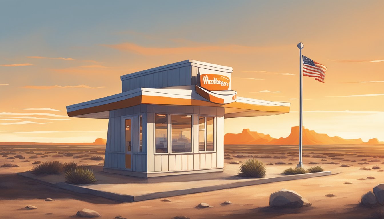 A lone Whataburger stands in a desolate, rocky landscape. The morning sun casts a warm glow on the restaurant, where a classic breakfast spread awaits