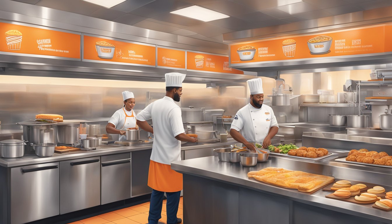 A bustling Whataburger kitchen at dawn, with chefs crafting innovative breakfast dishes amidst a backdrop of culinary expansion