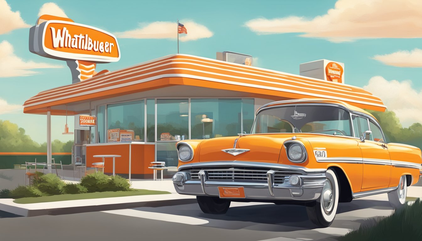 A sunny morning at a retro-style diner, with a classic Whataburger sign and a bustling drive-thru. A TV inside plays old movies featuring Whataburger