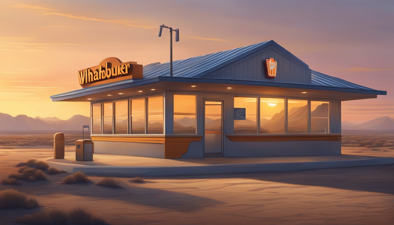 The sun rises over a solitary Whataburger in a desolate landscape, its lights flickering on as it prepares to serve breakfast to the few early risers in the remote area