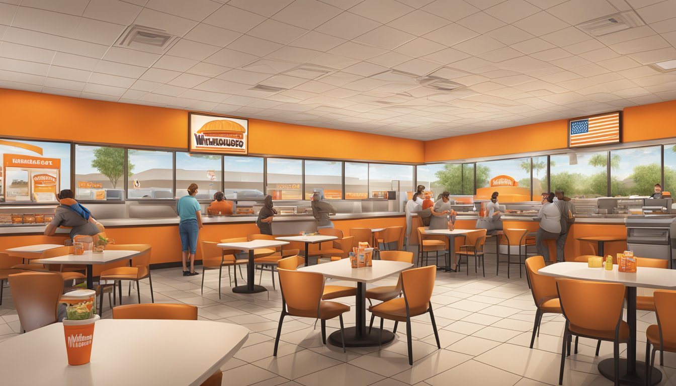 A bustling Whataburger restaurant with a warm, inviting atmosphere. Customers enjoy breakfast while the company's community involvement is showcased through photos and displays