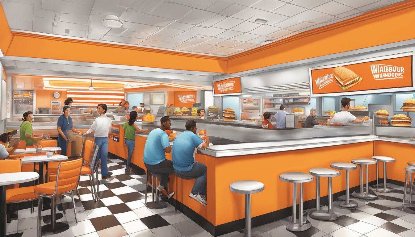 A bustling Whataburger restaurant with iconic orange and white decor, patrons enjoying breakfast, and references to TV and movie pop culture throughout the restaurant