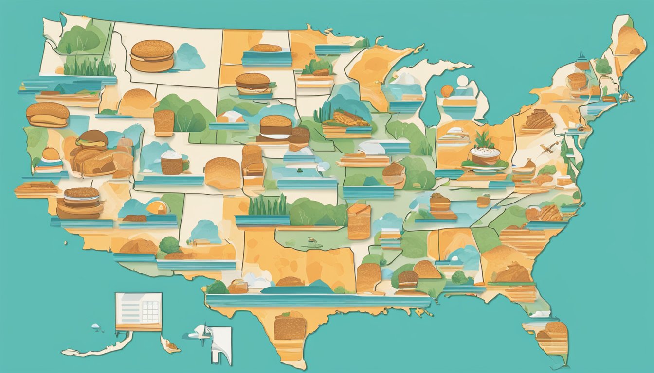 A map of the United States with highlighted areas representing Whataburger locations. Sunrise over a breakfast spread with the Whataburger logo in the background