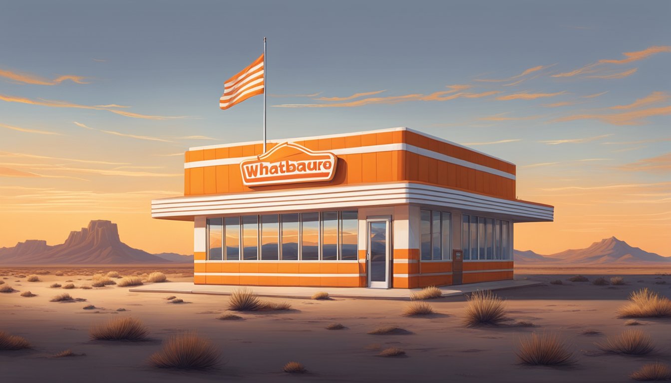 A lone Whataburger stands in a vast, remote desert landscape, its iconic orange and white stripes contrasting against the barren surroundings. Sunrise casts a warm glow on the scene