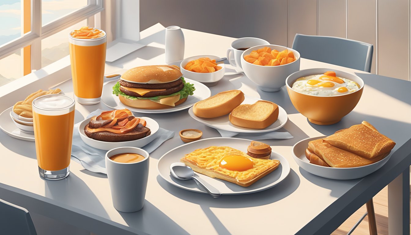 A modern breakfast scene with a variety of Whataburger breakfast items laid out on a sleek, minimalist table setting, surrounded by trendy decor and natural light streaming in through large windows