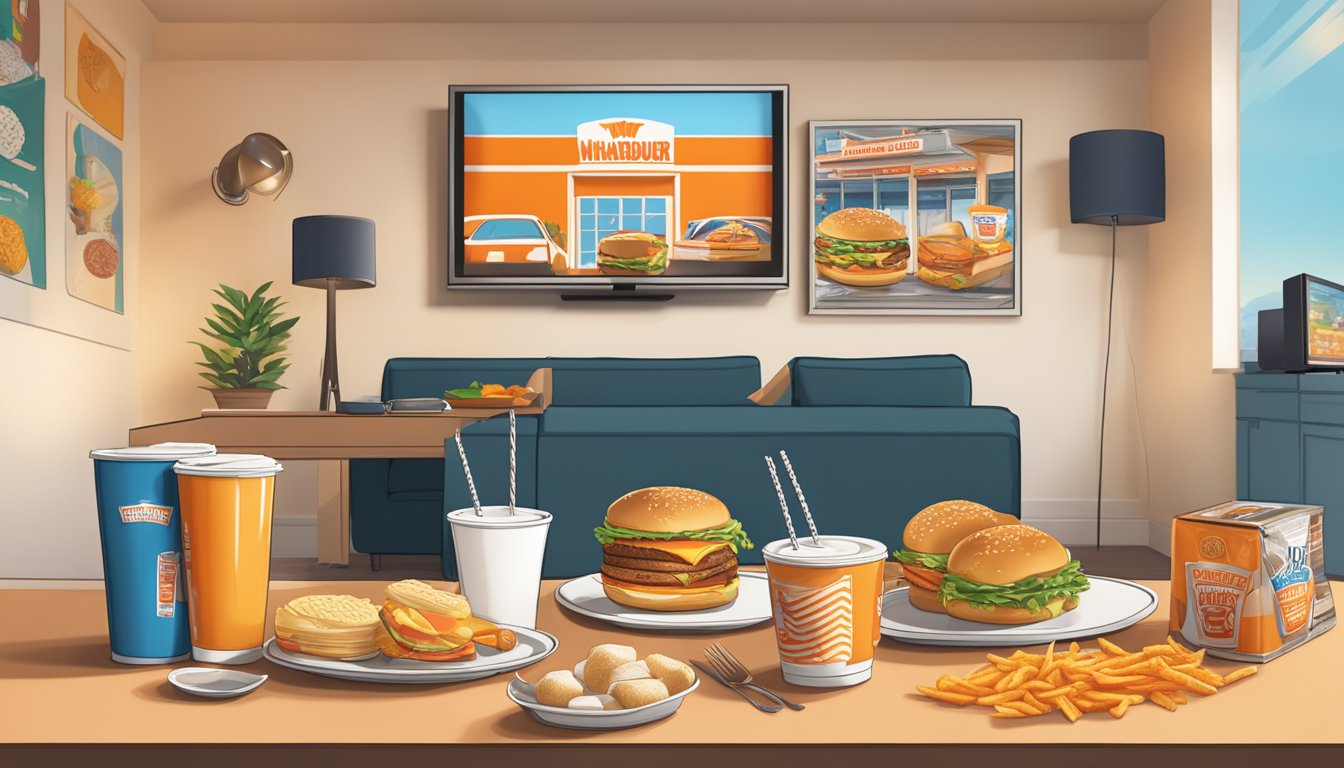 A breakfast table with Whataburger products surrounded by TV and movie references