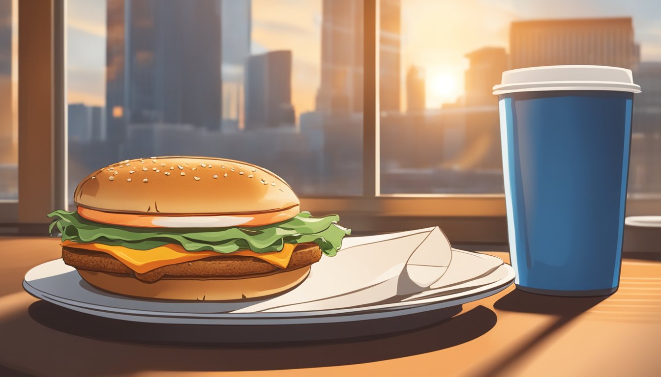 A steaming breakfast sandwich and a branded coffee mug sit on a table, surrounded by Whataburger promotional materials. The sun rises through a window in the background