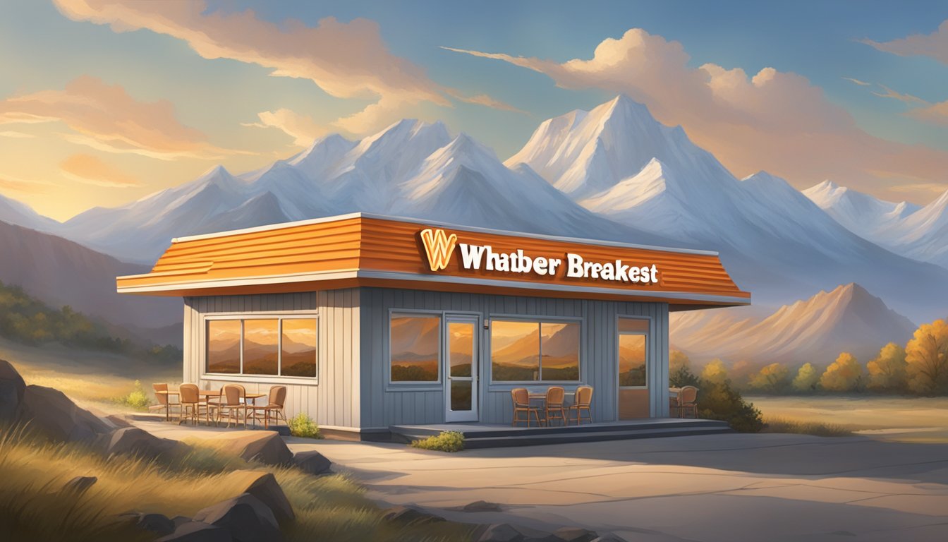 A Whataburger restaurant nestled in a rugged, remote landscape, with a sign proudly displaying "Serving Breakfast" against a backdrop of breathtaking natural scenery