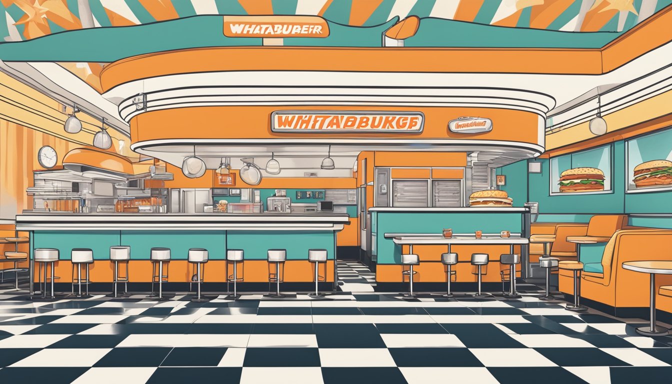 A Whataburger restaurant with a retro diner aesthetic, featuring a breakfast menu and pop culture references from TV and movies