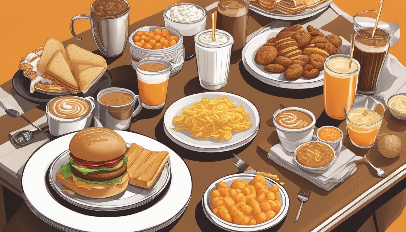 A table set with a variety of breakfast items from Whataburger's menu, surrounded by sports memorabilia and decorations for pre-game rituals and postgame celebrations