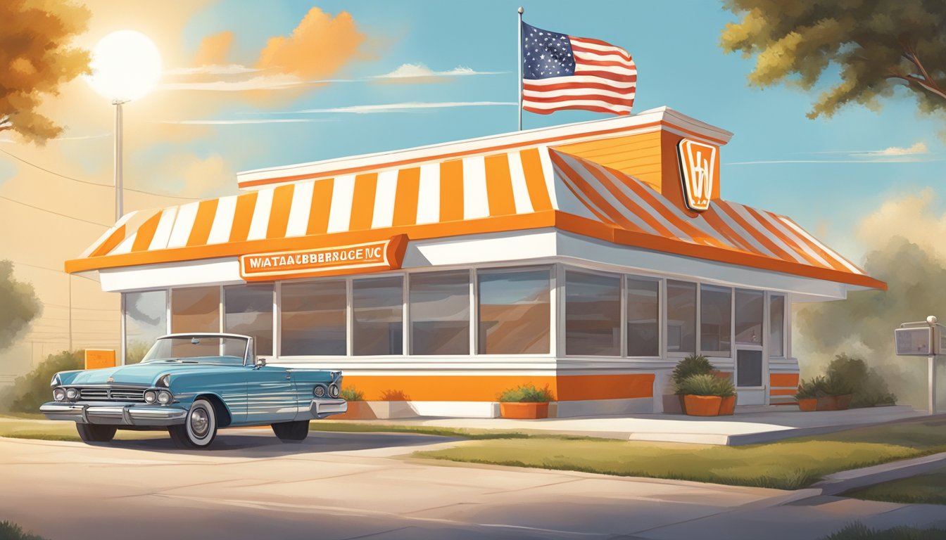 A sunny morning at a Whataburger restaurant with iconic orange and white stripes, a vintage Texas flag, and a TV playing classic pop culture references