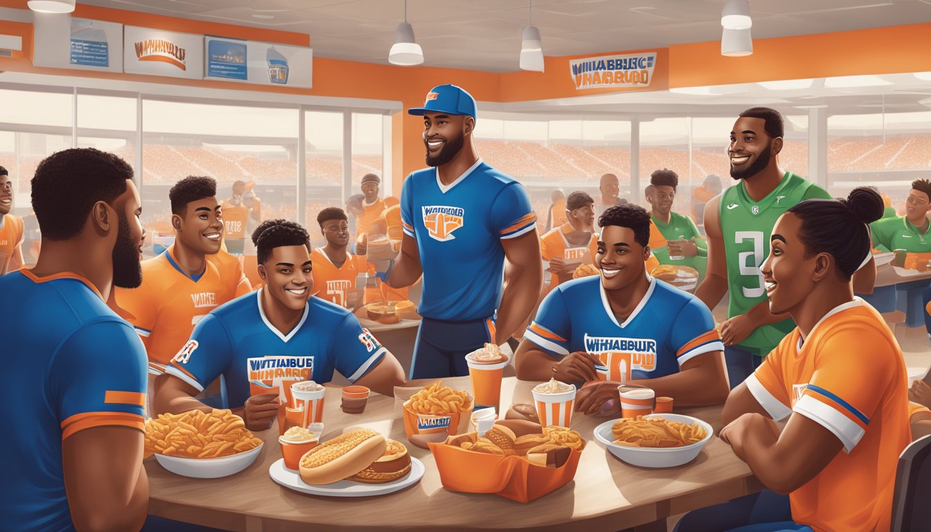 A group of athletes gather around a table filled with Whataburger breakfast items before a game. After the game, they celebrate with Whataburger meals and drinks, creating a lively and energetic atmosphere