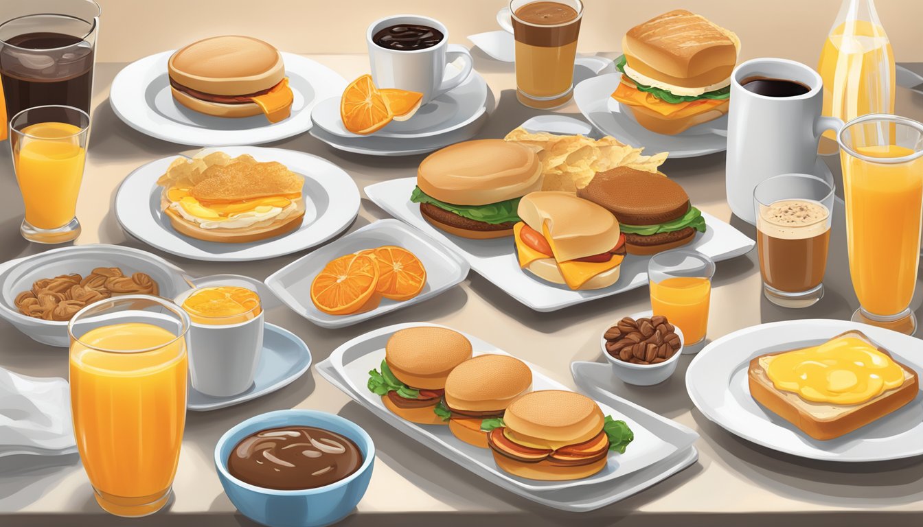 A table set with a variety of breakfast items, including orange juice, coffee, and breakfast sandwiches, with the Whataburger logo prominently displayed