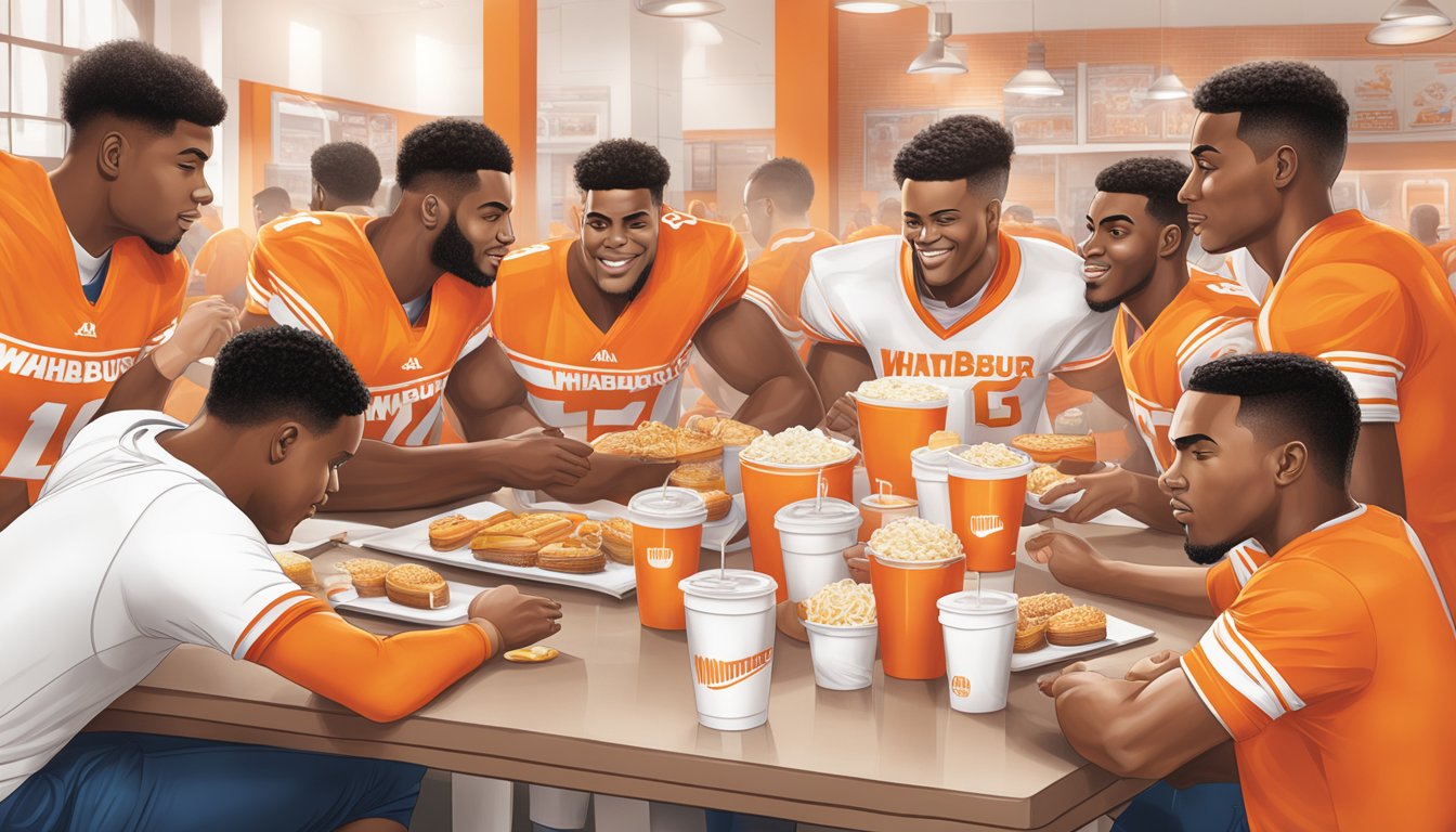 A group of athletes gather around a table filled with Whataburger breakfast items, fueling up for the game ahead. The iconic orange and white packaging adds a pop of color to the scene