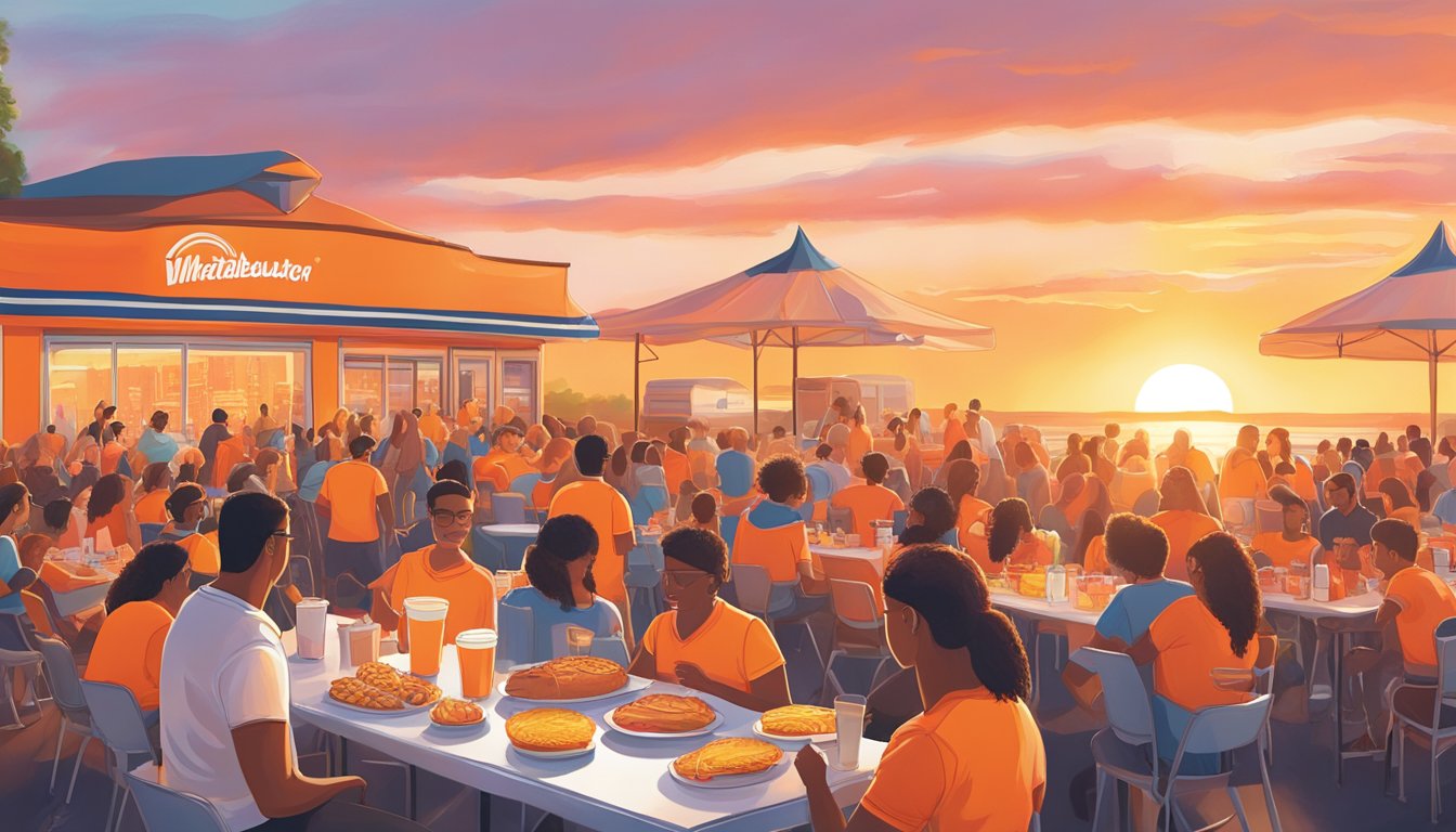 A vibrant orange sunrise over a bustling outdoor event, with Whataburger breakfast items displayed on a table, surrounded by eager attendees