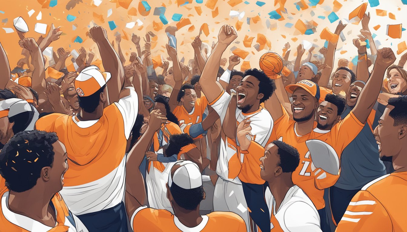 Fans cheering, confetti falling, and players high-fiving at a Whataburger restaurant after a big game