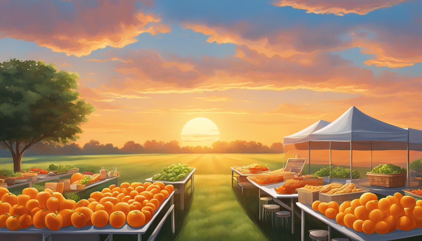 A vibrant orange sunrise over a field of fresh produce, with a table set for breakfast catering from Whataburger