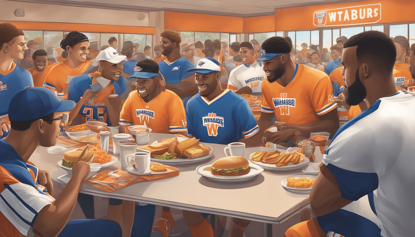 A Whataburger breakfast spread on a table surrounded by sports memorabilia, with a team logo prominently displayed. A group of people in team jerseys gather around, enjoying the meal before a game