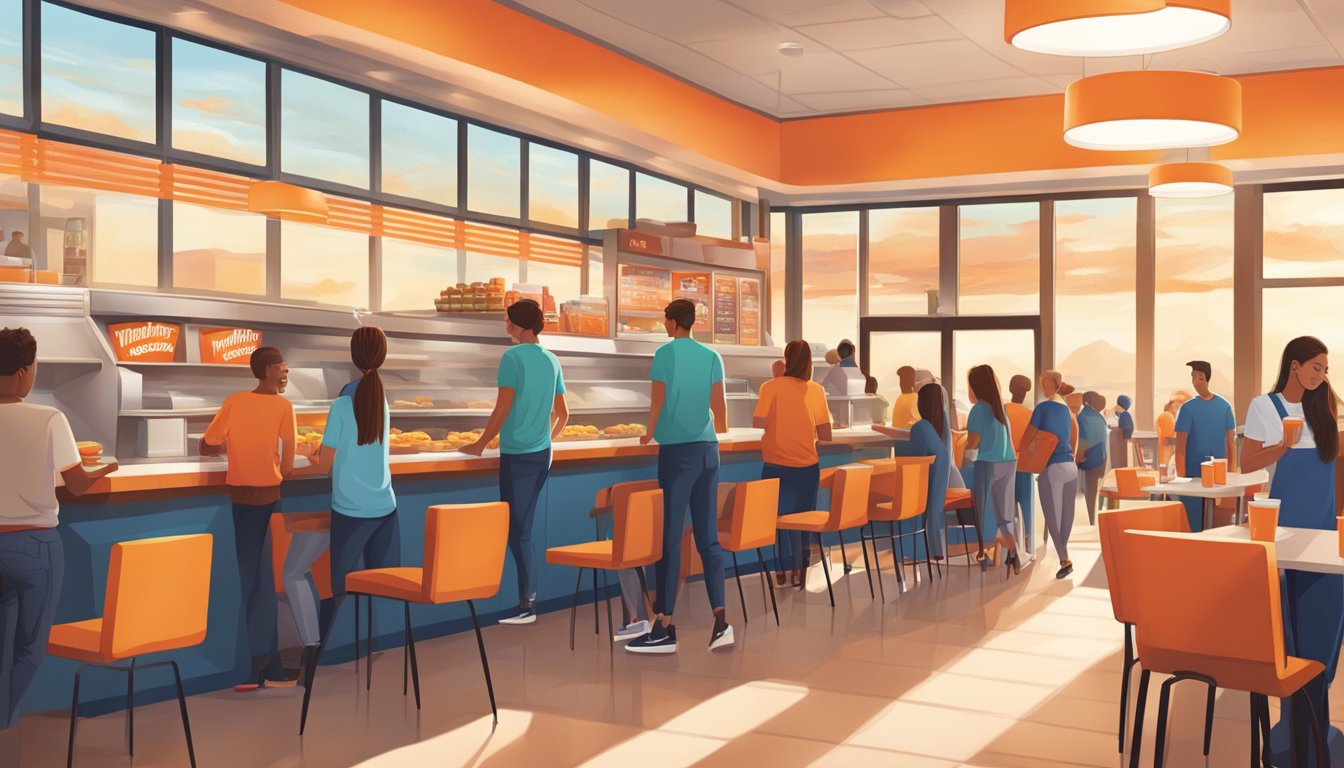 A bustling Whataburger restaurant at sunrise, with students lined up for breakfast, creating a lively and energetic college atmosphere