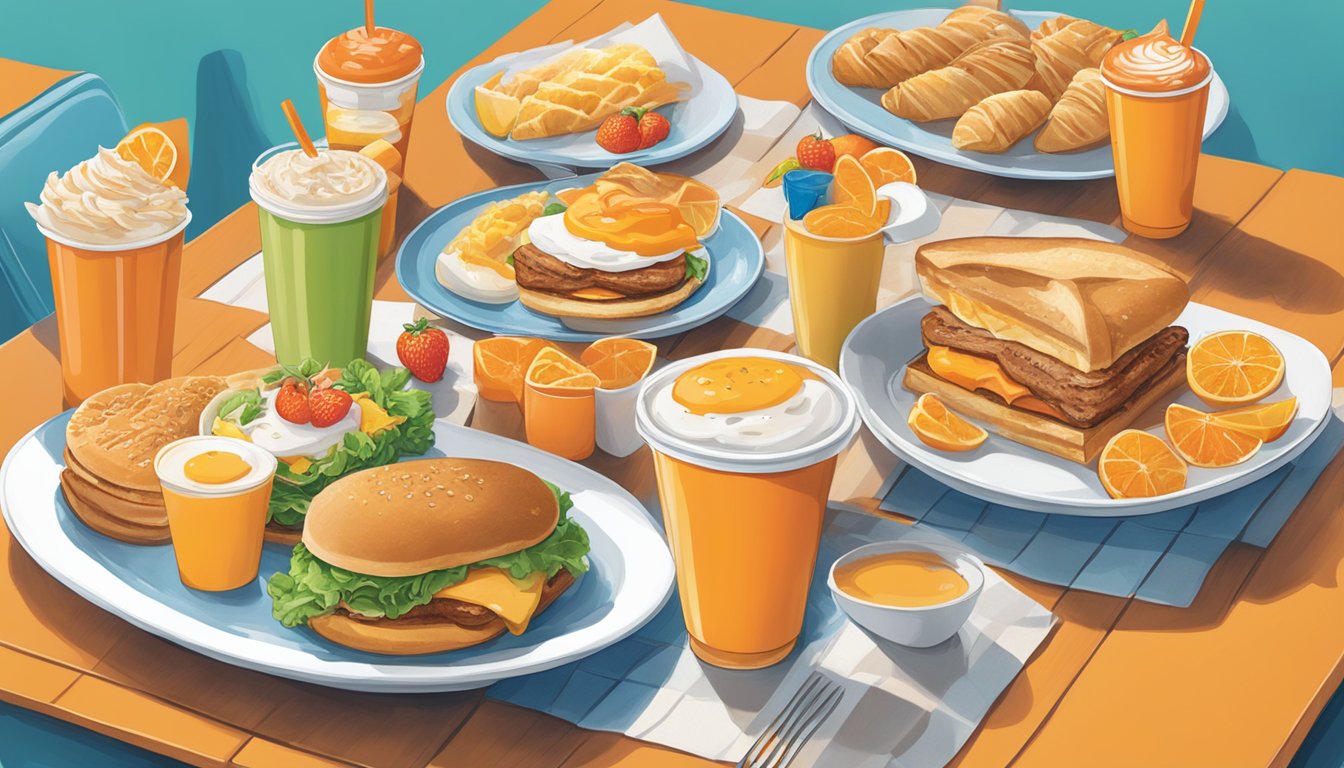 A table set with a variety of breakfast items, including Whataburger's signature orange cups, surrounded by happy event attendees