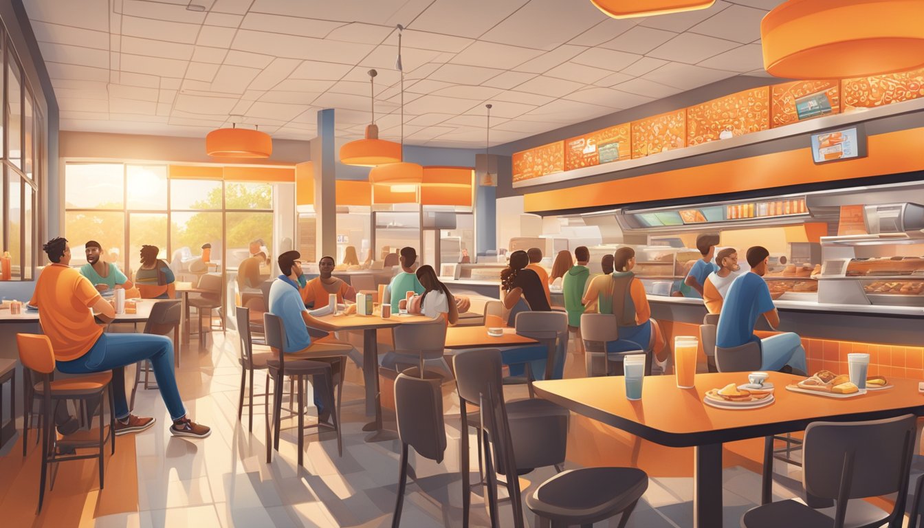 A bustling Whataburger restaurant at sunrise, with students enjoying breakfast and socializing, creating a lively college culture scene