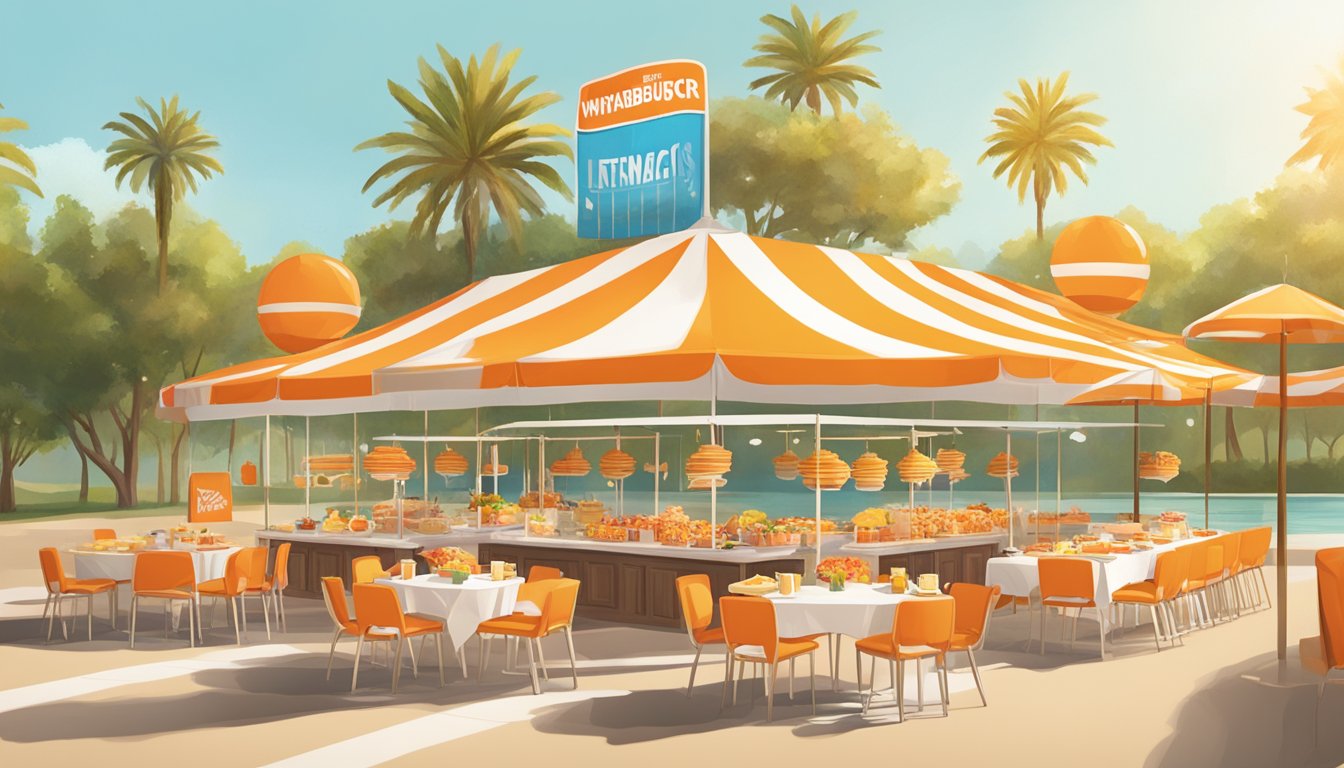 A sunny outdoor event with Whataburger breakfast catering set up, featuring orange-themed decorations and a variety of breakfast items on display