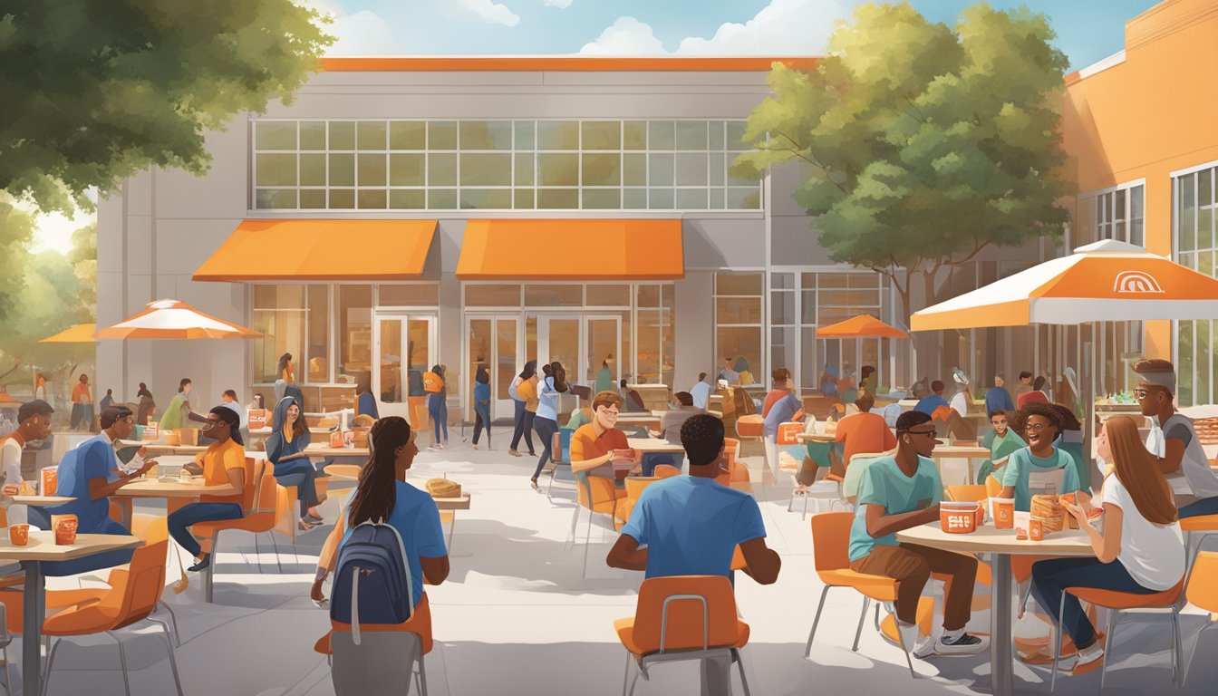 A bustling college campus with students enjoying Whataburger's breakfast items, showcasing the brand's influence on college culture and culinary innovation