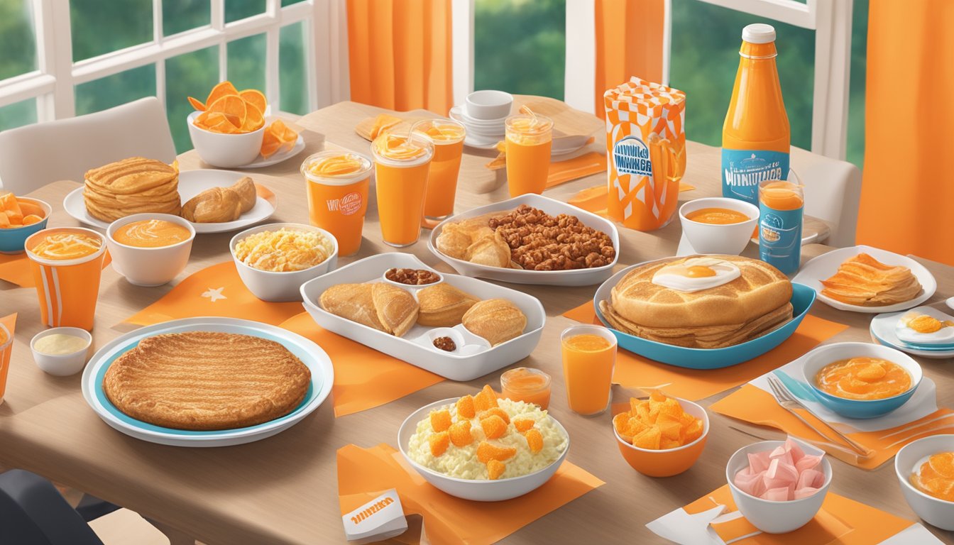 A colorful Whataburger breakfast spread on a table with orange-themed decor and packaging, surrounded by happy event attendees