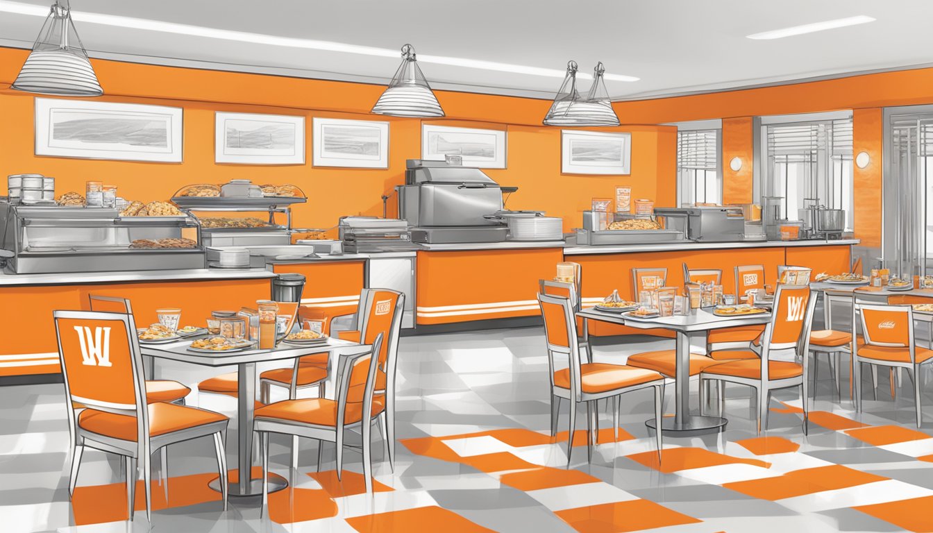 A bustling breakfast event with Whataburger's iconic orange and white branding featured prominently on catering tables and serving stations