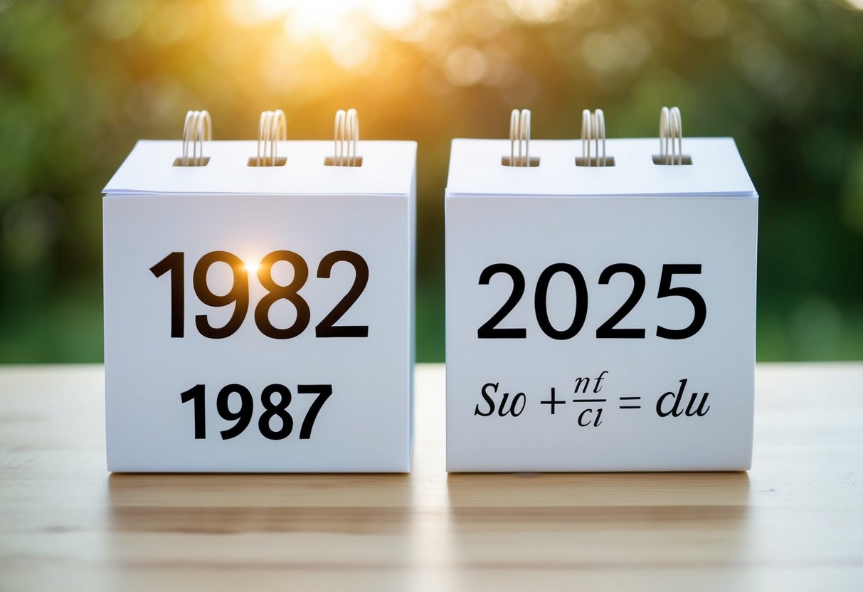 Um calendário mostrando o ano de 1982 e o ano de 2025 com uma equação matemática escrita ao lado.