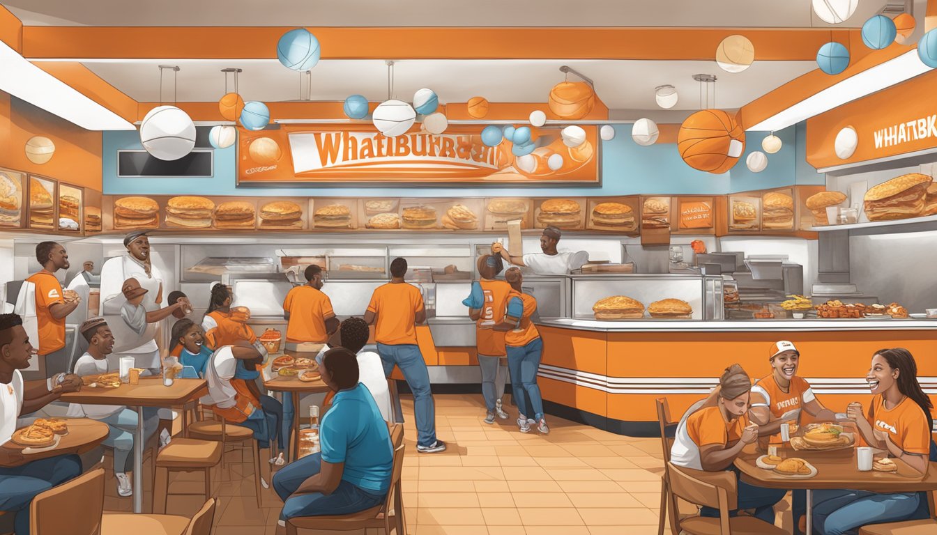 A Whataburger restaurant filled with excited sports fans, cheering and celebrating before and after the game, with breakfast items on display