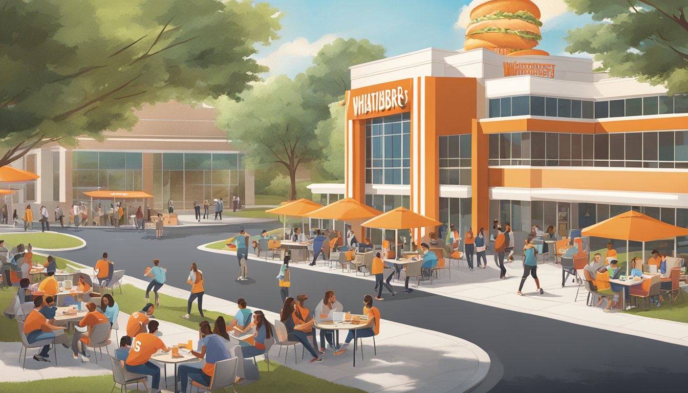 A bustling college campus with students enjoying Whataburger breakfast items while surrounded by branded marketing materials