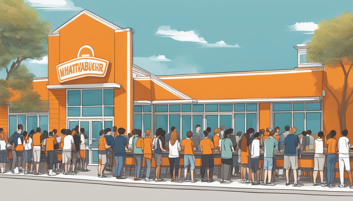 A bustling college campus with students lined up at a Whataburger breakfast franchise, with the iconic orange and white striped building in the background