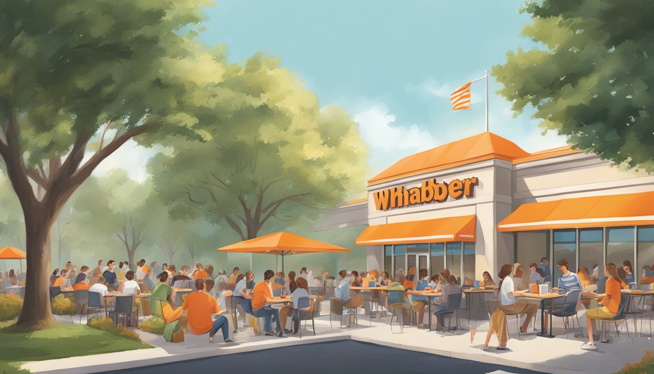 A bustling college campus with students gathered around a Whataburger breakfast, sharing laughs and memories in the morning sun