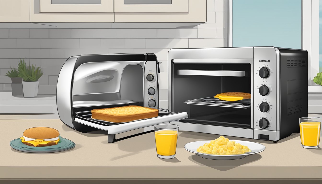 A toaster oven with a breakfast sandwich inside, a microwave with a hash brown, and a pan on a stovetop with scrambled eggs