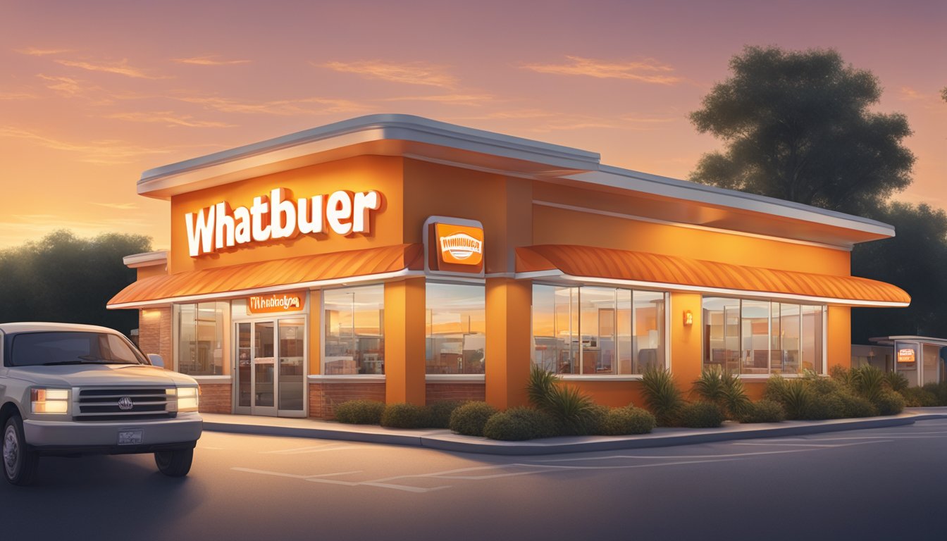 The sun setting behind a Whataburger restaurant, with a steady stream of customers entering and exiting, as the 24-hour service sign lights up