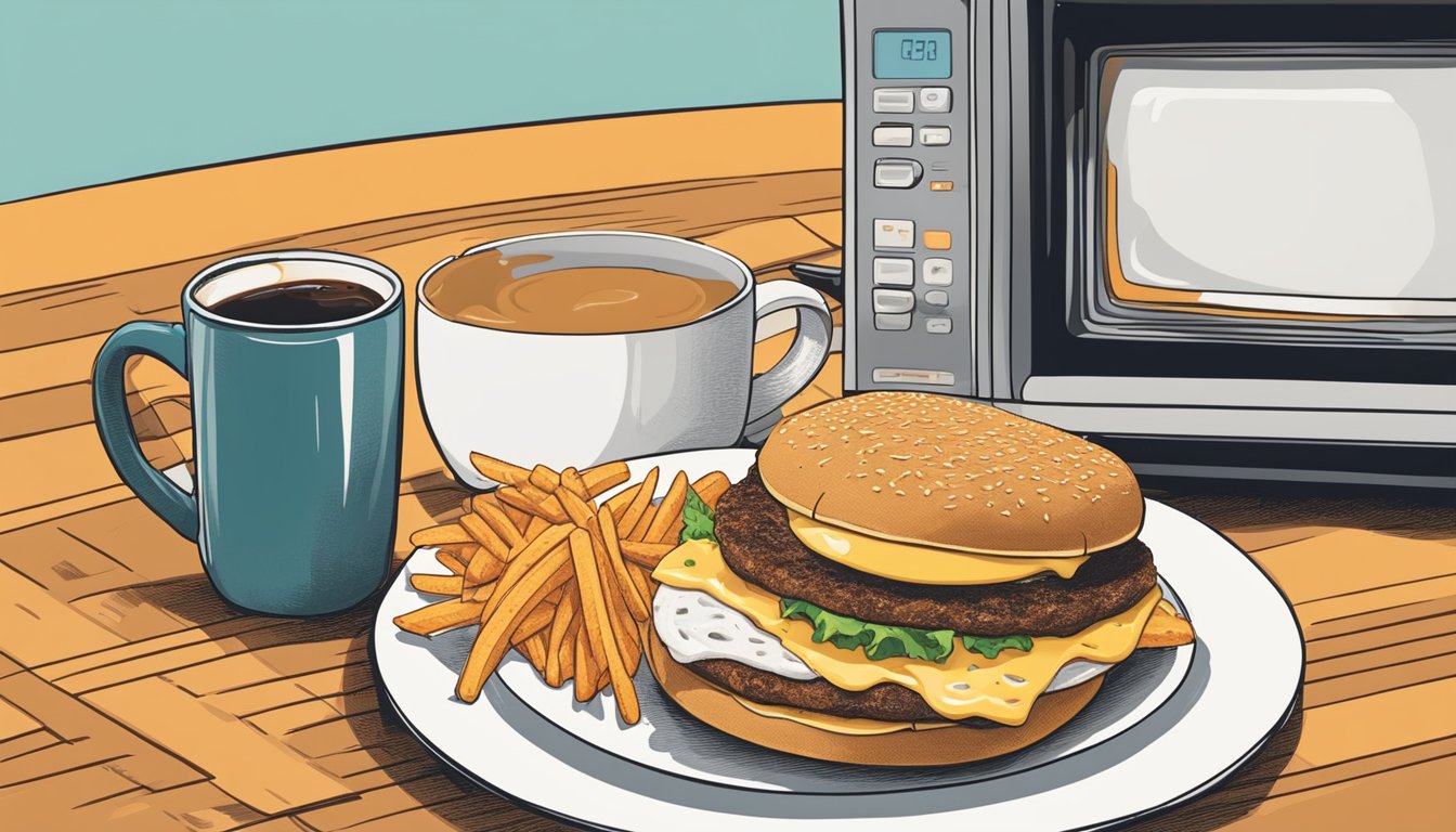 A steaming Whataburger breakfast sandwich rotates in a microwave. A hash brown sizzles on a hot skillet. A hand reaches for a coffee mug