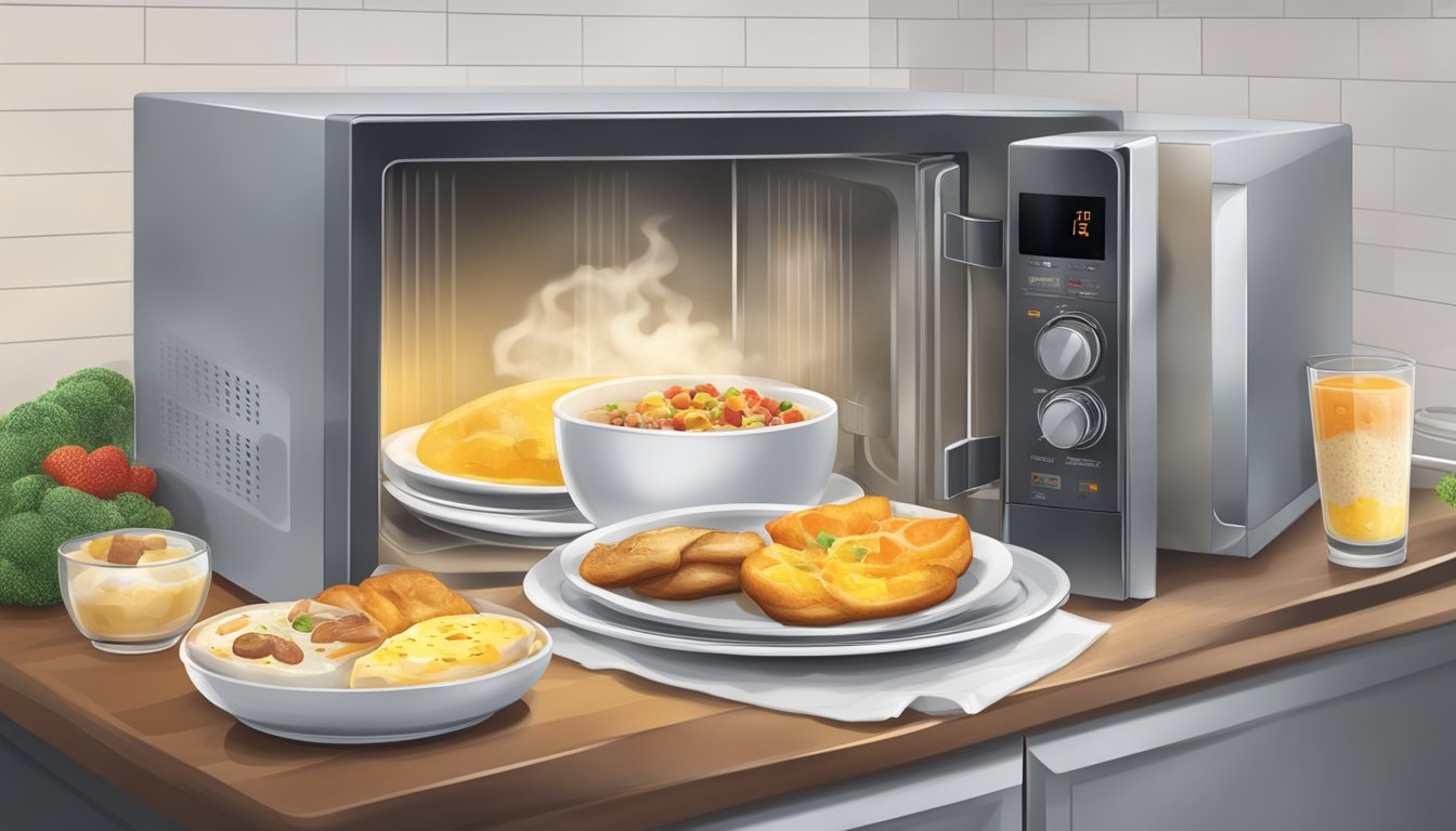 A microwave with a plate of breakfast items inside, steam rising from the food as it heats up