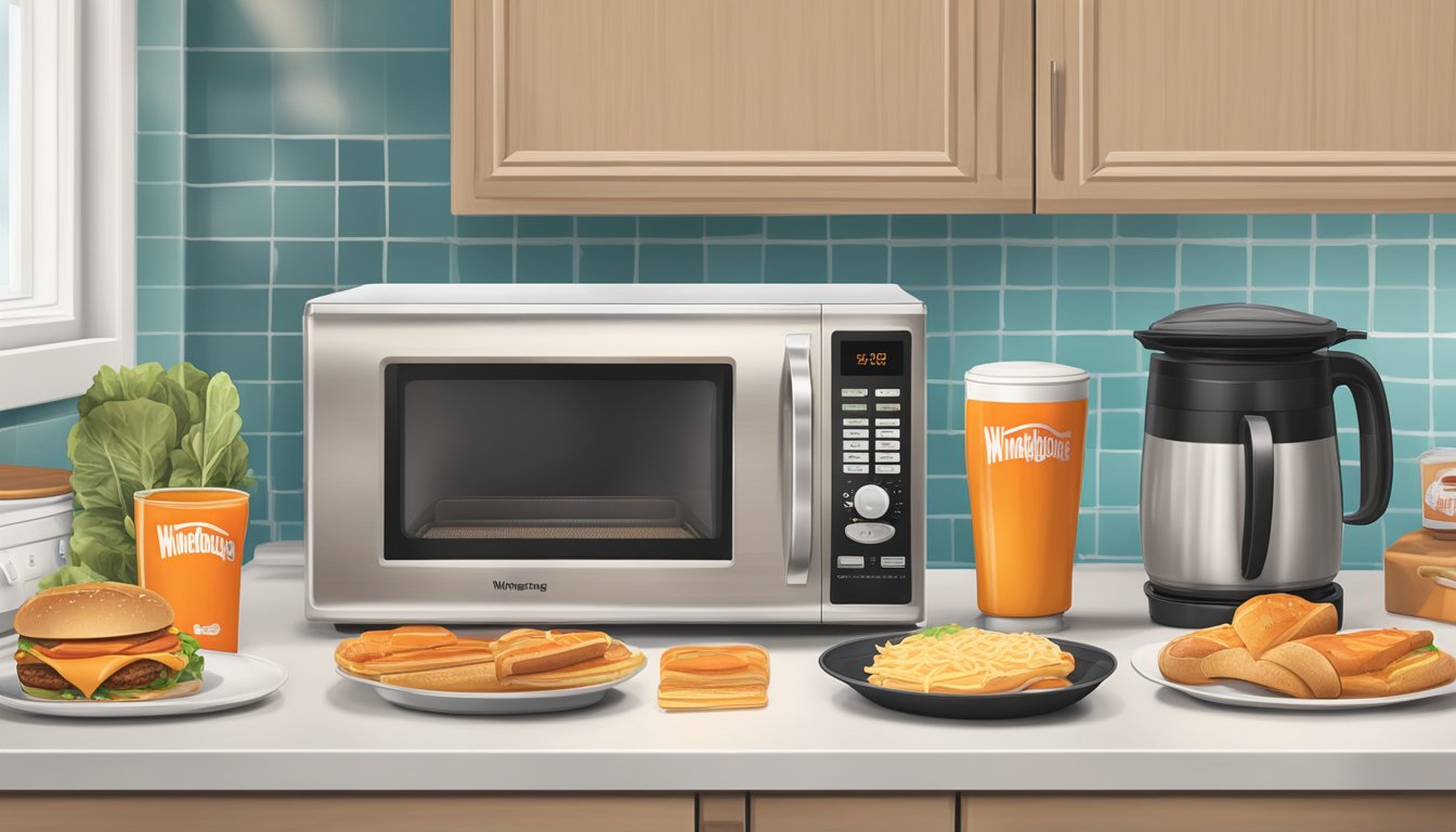 A kitchen counter with a microwave, toaster, and refrigerator filled with Whataburger breakfast items