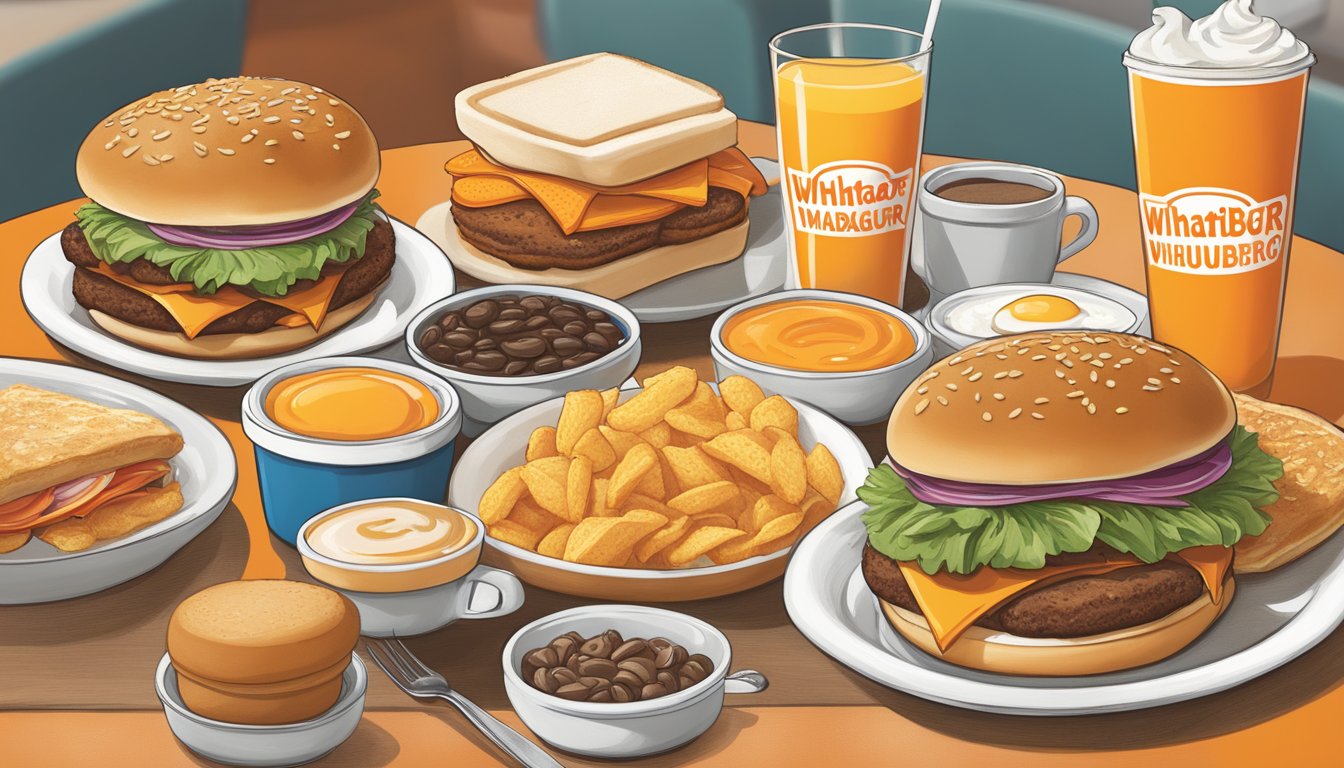 A breakfast menu with options for dietary restrictions at Whataburger, including various food items and symbols indicating gluten-free, vegetarian, and other dietary accommodations