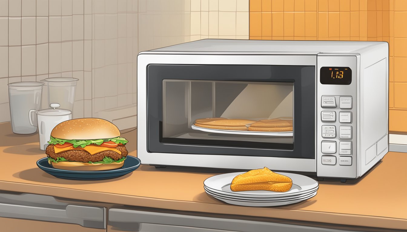 A steaming Whataburger breakfast sandwich sits on a plate next to a microwave, with a digital timer counting down