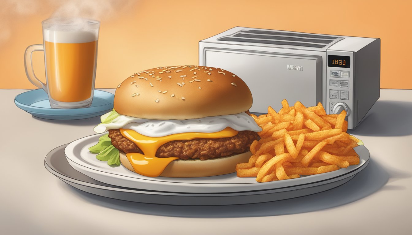 A sizzling Whataburger breakfast sandwich and hash browns on a plate, with steam rising and a microwave in the background