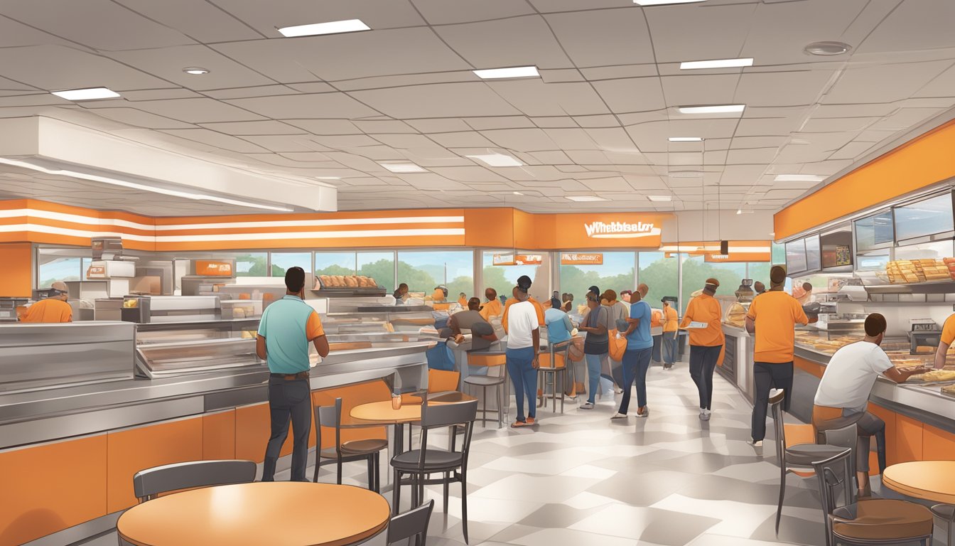 A bustling 24-hour Whataburger location with a steady stream of customers ordering breakfast items, while nearby fast-food competitors appear less busy