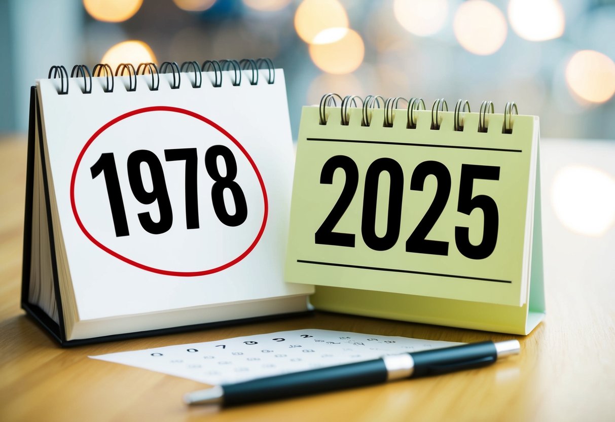 Um calendário com o ano de 1978 circulado e o ano de 2025 destacado