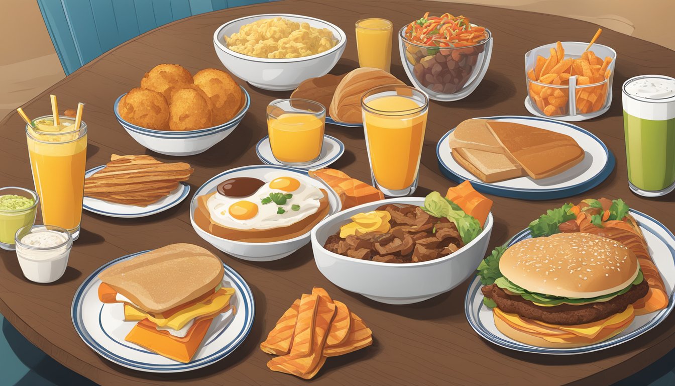 A breakfast table with a variety of food items, including sides, drinks, and additional breakfast items, showcasing Whataburger's accommodating menu for dietary restrictions