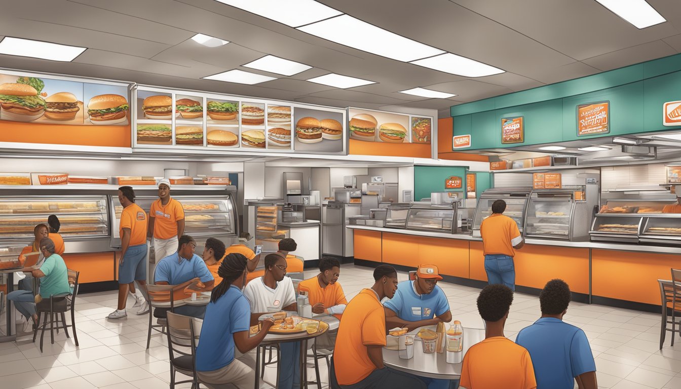 A bustling 24-hour Whataburger location with a steady stream of customers ordering breakfast items at all hours of the day and night