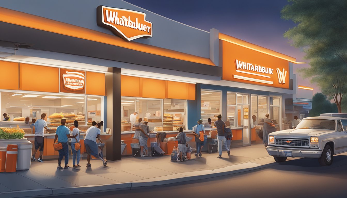 A bustling 24-hour Whataburger location with a steady stream of customers purchasing breakfast items at all hours of the day and night