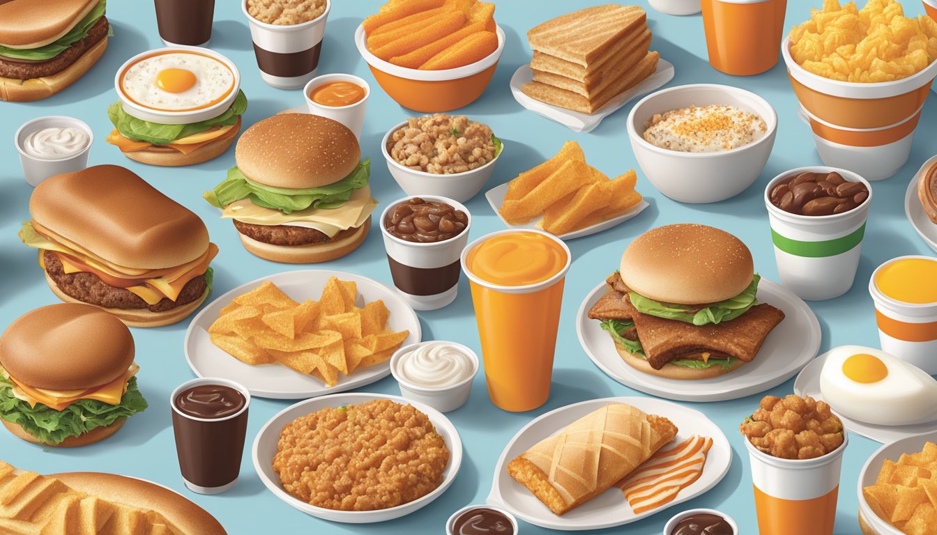 An illustration of a diverse array of breakfast items from Whataburger's menu, including options for various dietary restrictions such as gluten-free, vegetarian, and low-carb