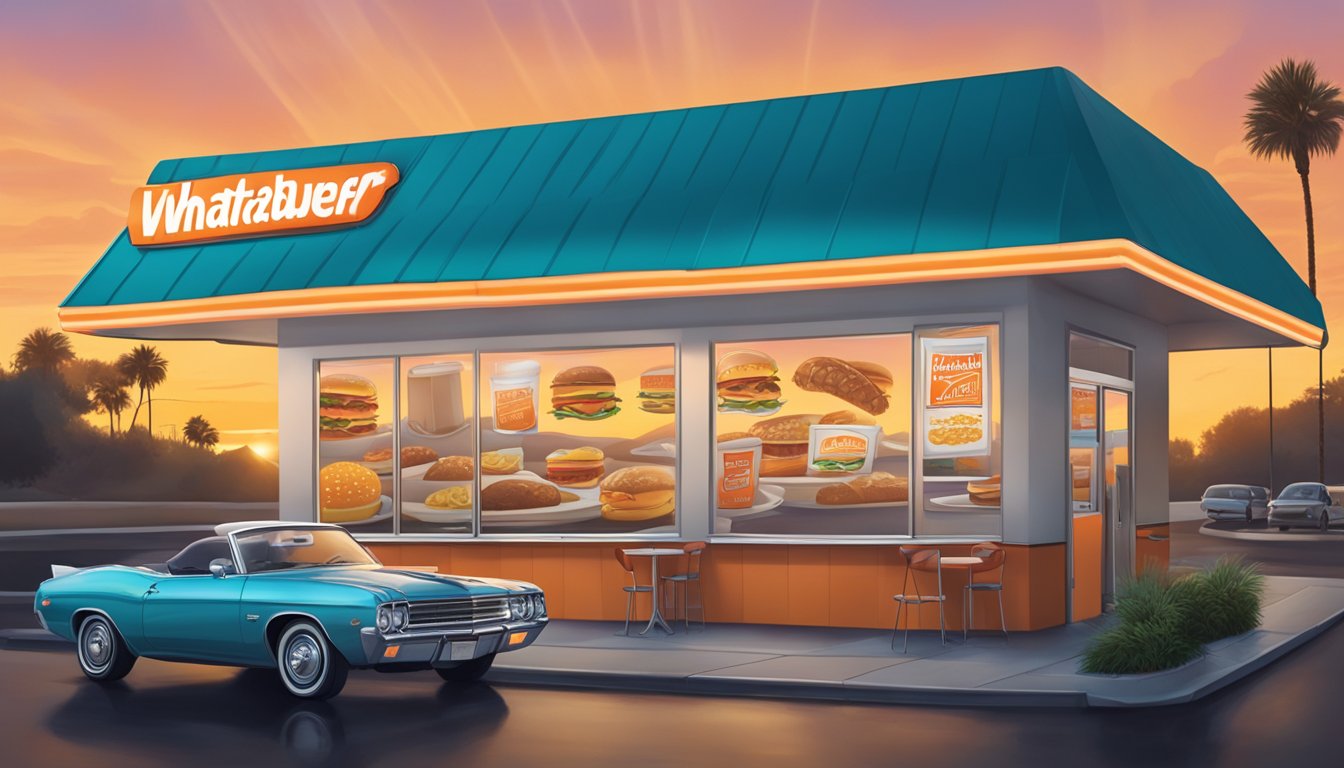 A car parked at a Whataburger drive-thru with a sunrise in the background, showcasing breakfast items on the menu board