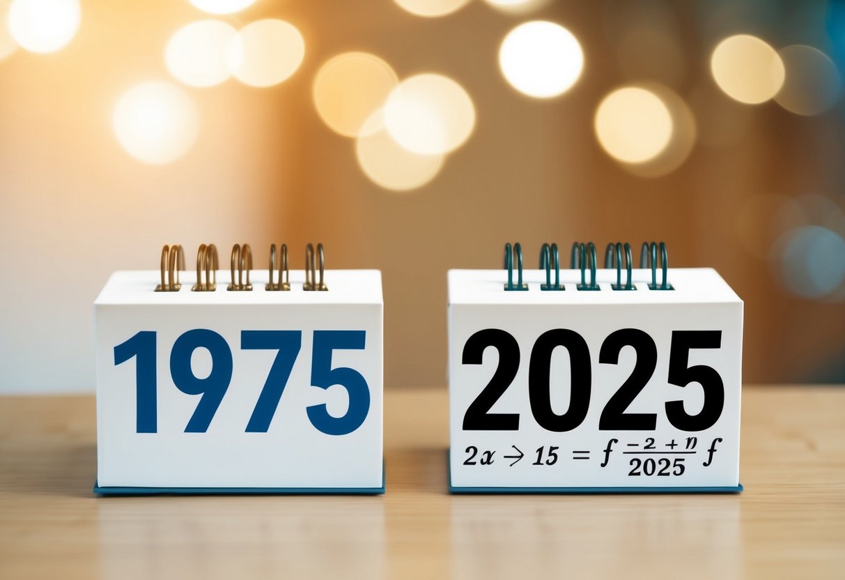 Um calendário mostrando os anos de 1975 e 2025 com uma equação matemática escrita ao lado.